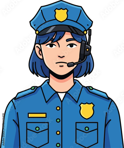 Cartoon illustration of a female police officer wearing a headset