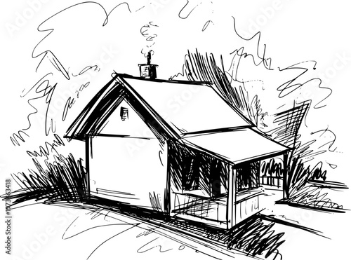 Of a small rustic house with smoke rising from chimney surrounded by trees and grass