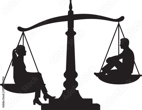 Silhouette of a man and a woman sitting on the scales of justice, representing gender equality and balance