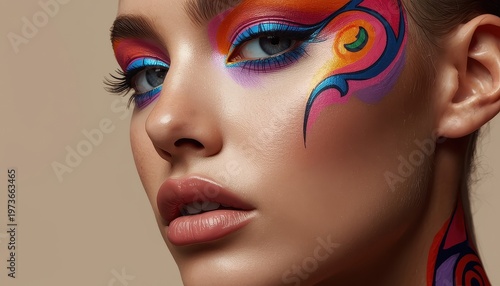 Extreme close-up of a woman's face with, artistic rainbow face paint and glitter, body art, eye makeup, artist, fashion model, expressive eyes
