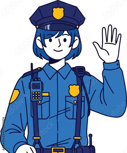 Cartoon female police officer waving with blue uniform and yellow badge