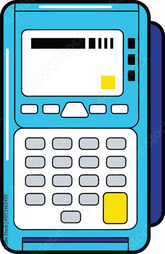 A teal and white payment terminal with a keypad and card reader