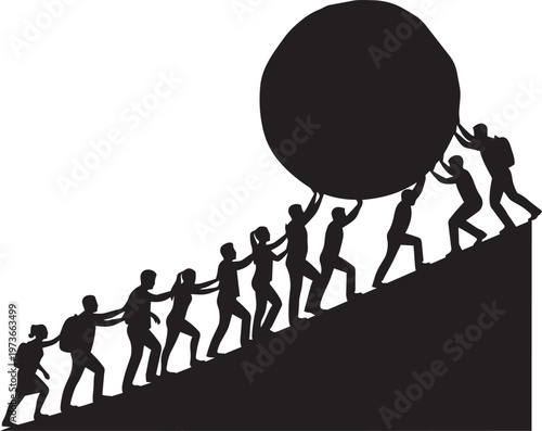 Silhouette of a group of people working together to push a large heavy boulder up a steep hill as a team metaphor