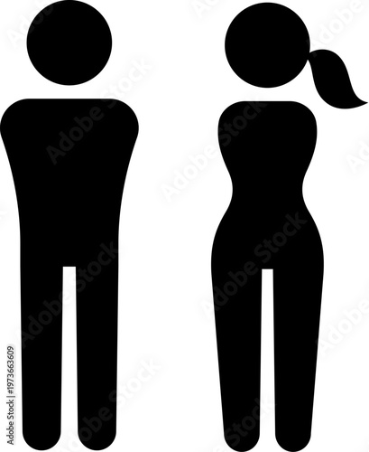 Restroom gender icons, man and woman (wearing pants) body silhouette. Bathroom door symbols. Isolated black and white vector signs.