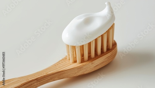Close-up of a wooden toothbrush with a dollop of white toothpaste with dental hygiene with oral care with personal care with still life with eco friendly