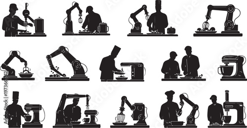 Silhouettes of people working with industrial robots and machines