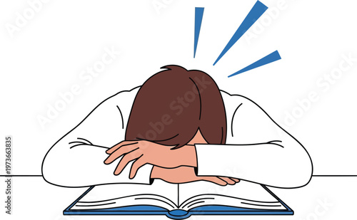A cartoon illustration of a student feeling frustrated while studying with their head down on an open book