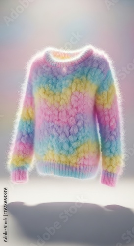 Soft pastel rainbow tie-dye fluffy sweater floating with ethereal light with long sleeve with pastel colors with light effect with fashion accessory with winter wear