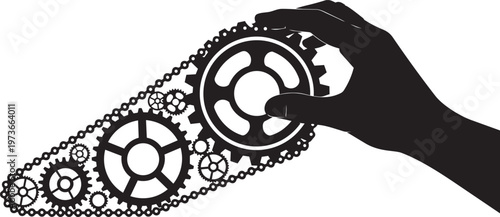 Silhouette of a hand holding a gear connected to a chain drive system with various cogs and sprockets