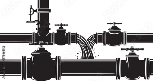 Industrial pipes with valves and water leakage