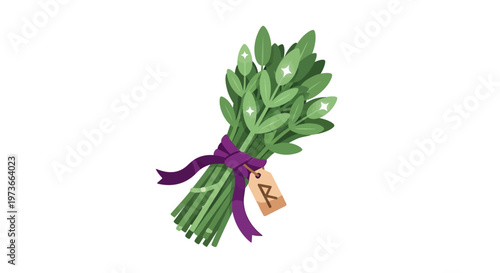 Fresh herbs tied with purple ribbon.