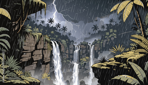 Tropical Jungle Waterfall Lightning Storm Night Dramatic