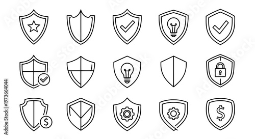Shield icons set with various symbols and protection signs featuring icon, security, safety with symbol and sign elements for logo, emblem projects,