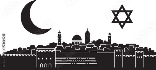 Jerusalem city silhouette with iconic dome of the rock mosque, historic old city walls, crescent moon and star of david