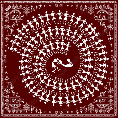 Warli peynting - hand drawn traditional the ancient tribal art India. Pictorial language is matched by a rudimentary technique depicting rural life of the inhabitants of India