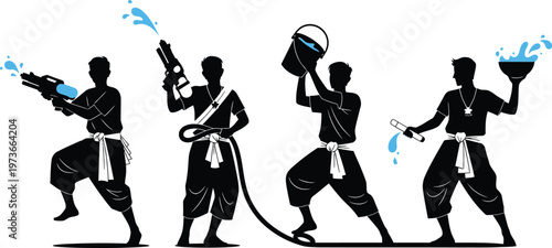 Silhouette of thai dancers with water and fire props in traditional dress