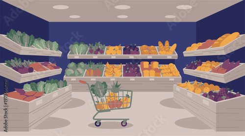 Supermarket aisle with fresh produce, baked goods, and shopping cart