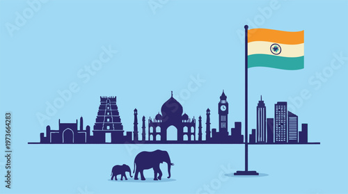 India travel concept with famous landmarks, national flag and elephants