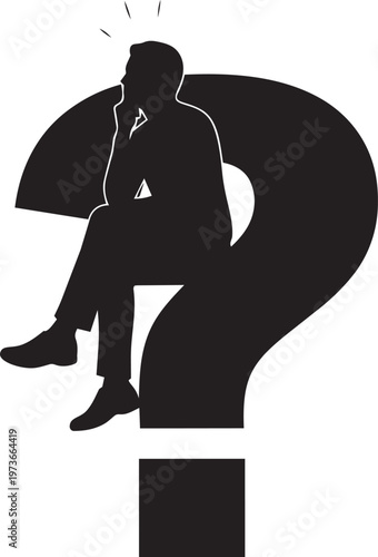 Silhouette of a man sitting on a large question mark symbol, representing deep thinking, problem solving, and uncertainty