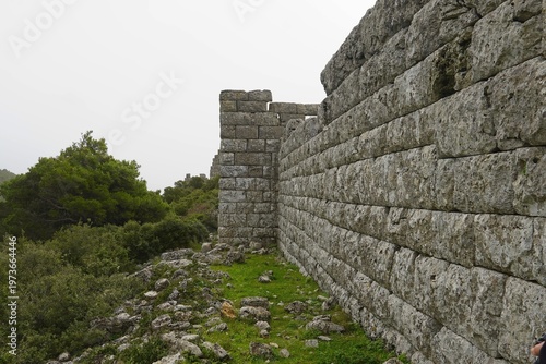 A tower and walls of the 4th century BCE fortress of Eleutherae in Attica, Greece