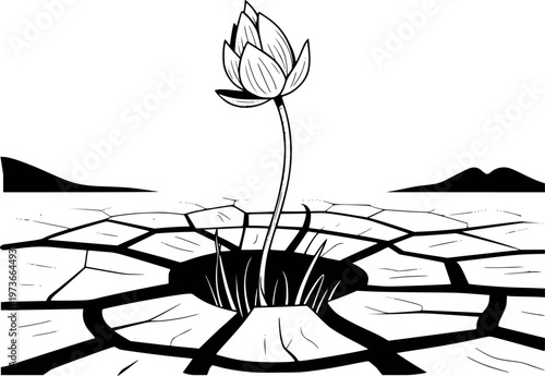 Single lotus flower emerges from cracked dry earth symbolizing hope and resilience in barren landscape