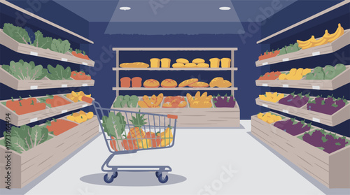 Grocery store aisle with fresh produce, bread, and shopping cart illustration