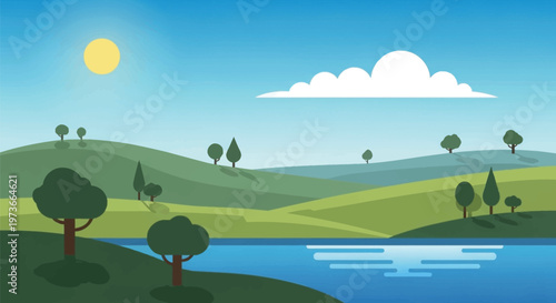 Trees on green hills landscape scene.