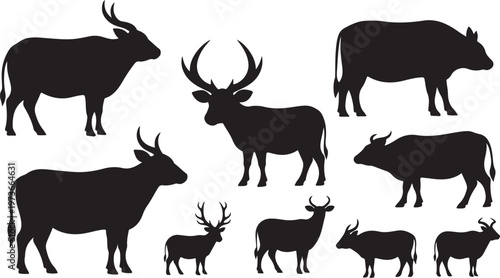 Silhouettes of various animals on white background illustration set