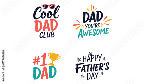 Four colorful father's day greeting badges on white background with playful text