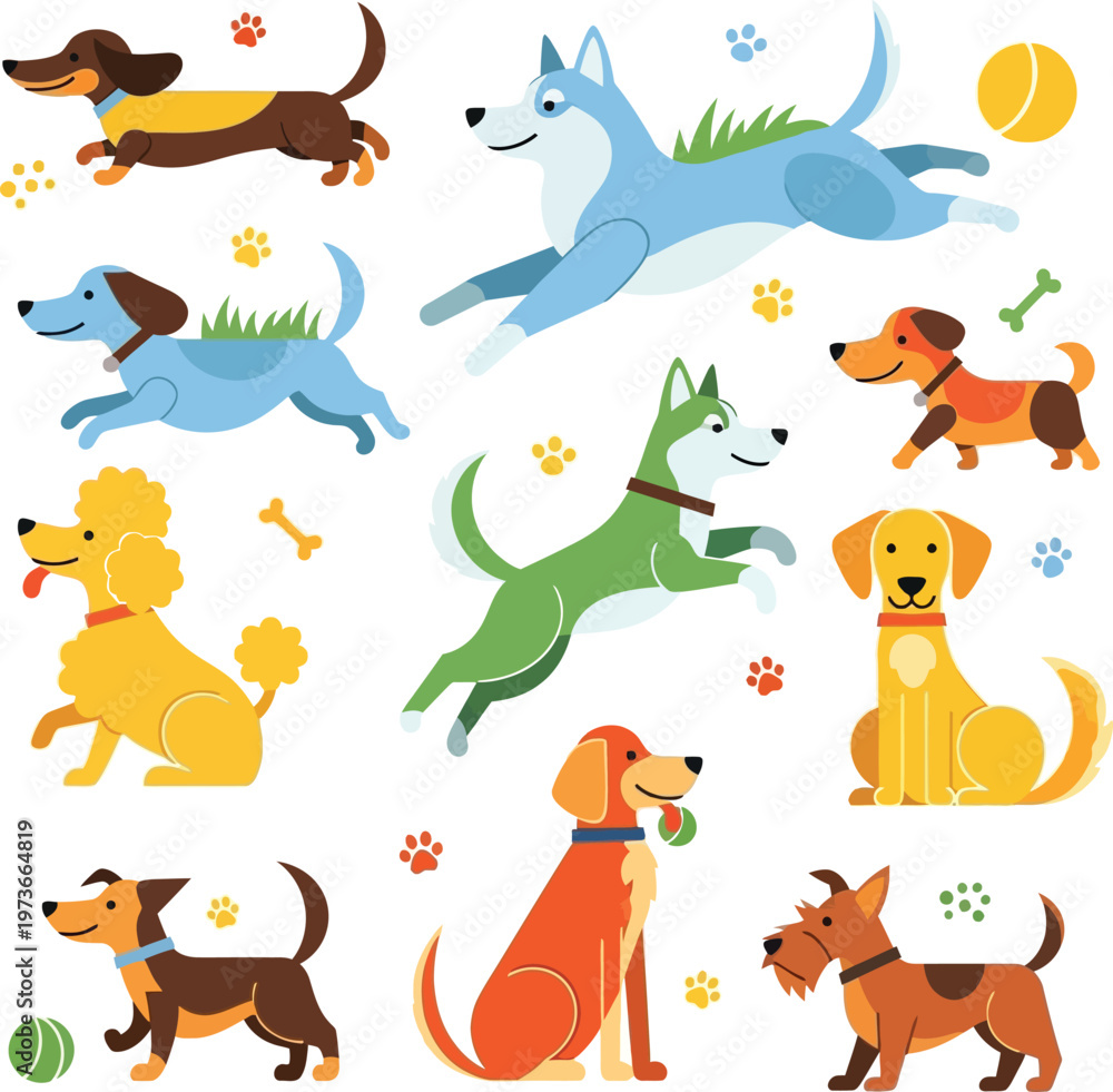Naklejka premium Collection of cartoon dogs in various poses and colors with paw prints and toys puppy animal