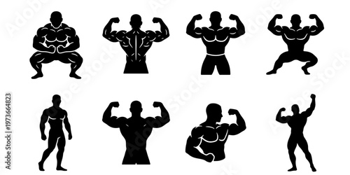 Bodybuilder silhouette icons set, muscular male athlete posing vector elements, 8 fitness and bodybuilding figures for gym branding and sports logos