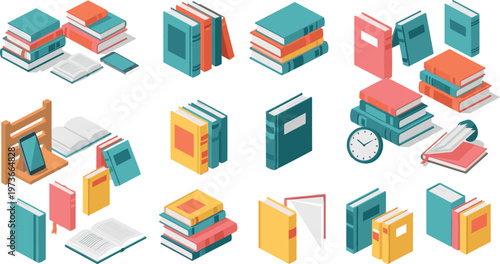 Collection of Isometric Books Including Open Closed Stacked and Reading Elements for Education Library Study and Academic Design Concepts