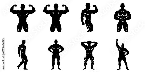 Bodybuilder silhouette collection, 8 muscular male fitness icons, athletic man posing in gym workout positions, black vector silhouettes for sports branding