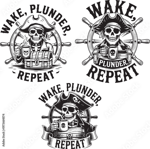 Start your day the pirate way with this hilarious “Wake, Plunder, Repeat” skeleton t-shirt! This vintage-style design features a grinning skeleton pirate, complete with a weathered tricor