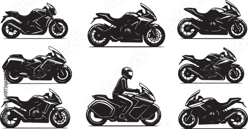 Set of motorcycle silhouettes with rider in various positions