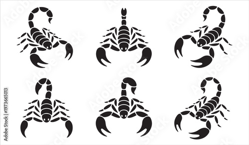 Scorpion silhouettes set with venomous desert arachnid poses illustration