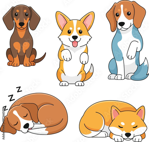 Five cartoon dogs including dachshund corgi beagle and shiba inu in various poses