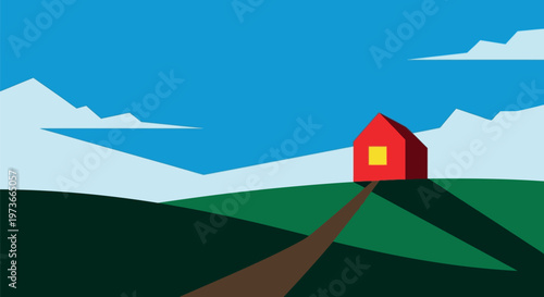 Red house on green hill side.