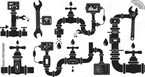 Industrial pipes and tools black and white illustration set
