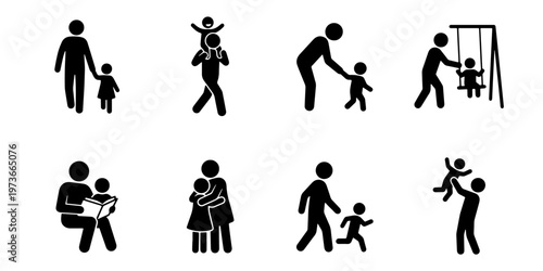 Father and child icon set, black silhouette fatherhood pictograms, 8 vector elements of dad playing with kids, parenting and family life symbols