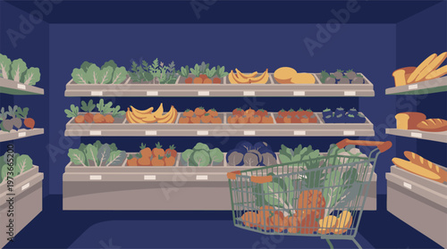 Grocery store aisle with fresh fruits, vegetables, bread, and shopping cart