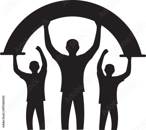 Silhouette of three people holding up a large arch structure, representing teamwork, support, community, and collective strength