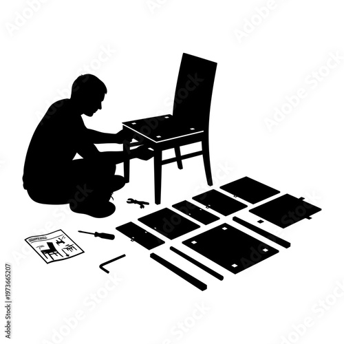 person assembling flat-pack chair furniture with tools and instructions on the floor illustrating diy home improvement projects.