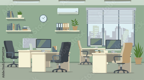 Modern empty office interior with workstations, computers, and city view