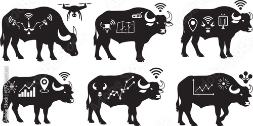 Black and white buffalo with technology icons and symbols