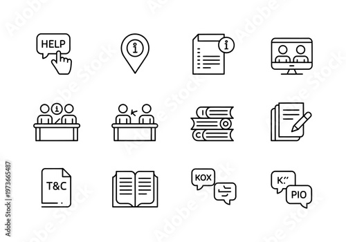 Vector of business icons including open sign, sale tag, thumbs up, customer service, and trolley with boxes