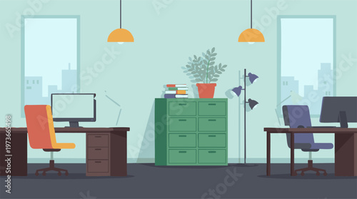 Modern office interior with two workstations, computers, and furniture in flat design
