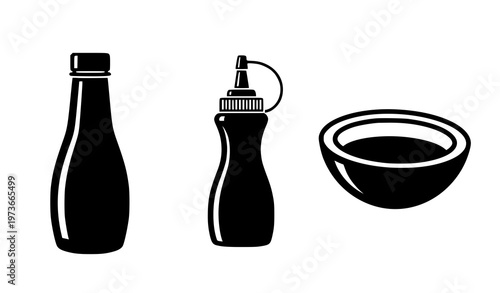 Black sauce icon set vector ketchup bottle dip bowl food symbol isolated on white