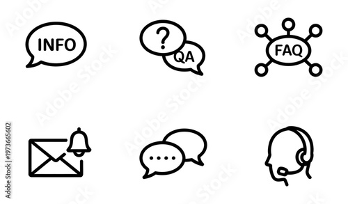 Vector of icons representing information, qa, faq, email, chat, and customer support