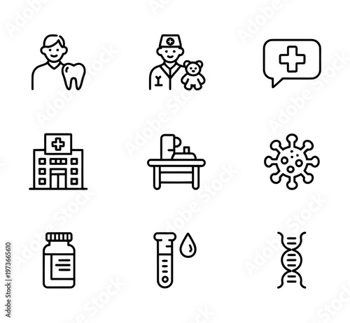 Vector icon set includes various medical and healthcare symbols in a minimalist design